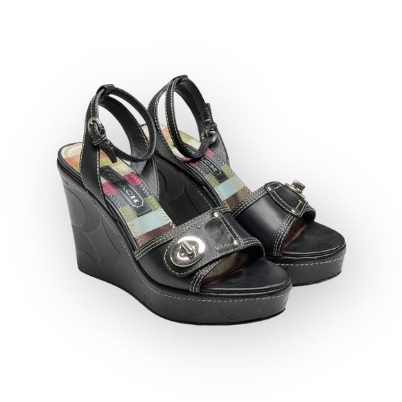 Coach ♕ Kerilyn Logo Embossed Turnlock Platform Wedge Sandals ♕ Black Leather 8M - Picture 9 of 16
